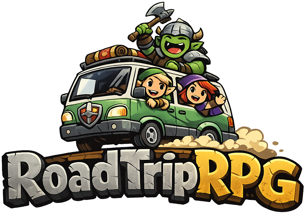 Cartoon illustration of a green adventure van with three characters and a fantasy creature on top, with the text "Road Trip RPG" at the bottom.