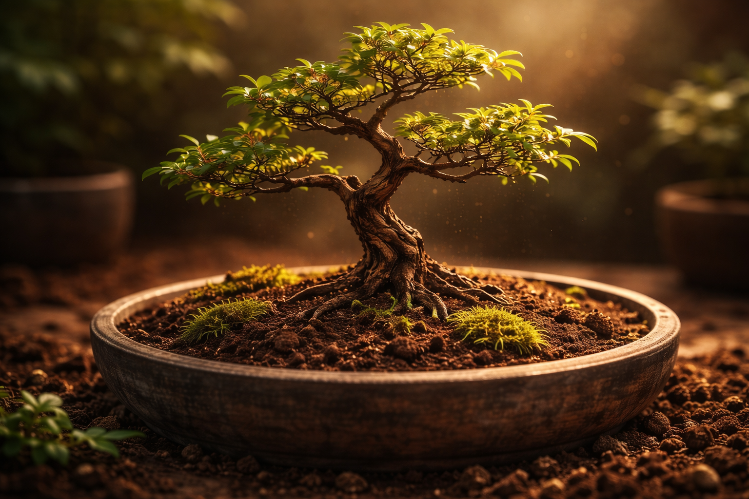 A bonsai tree in a shallow pot, with a twisted trunk and lush green foliage, illuminated by warm sunlight.