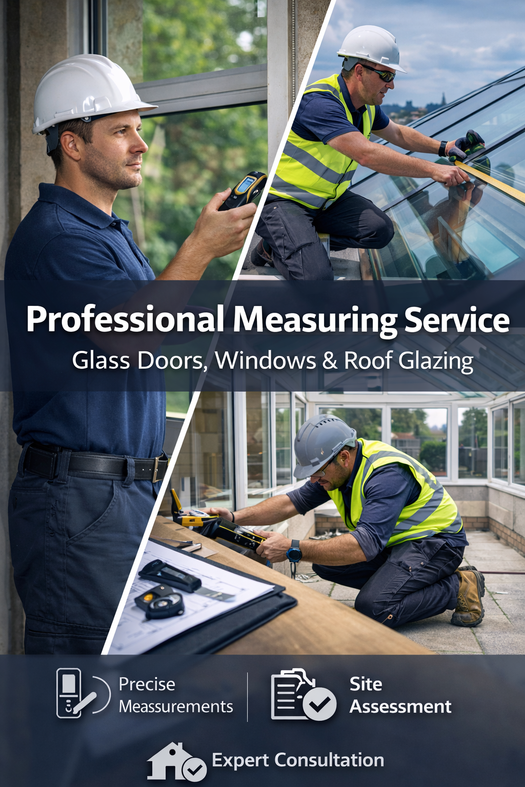 Professional technician measuring glass window with laser device and roof glazing with tape measure during site assessment for doors, windows and roof glazing installation.