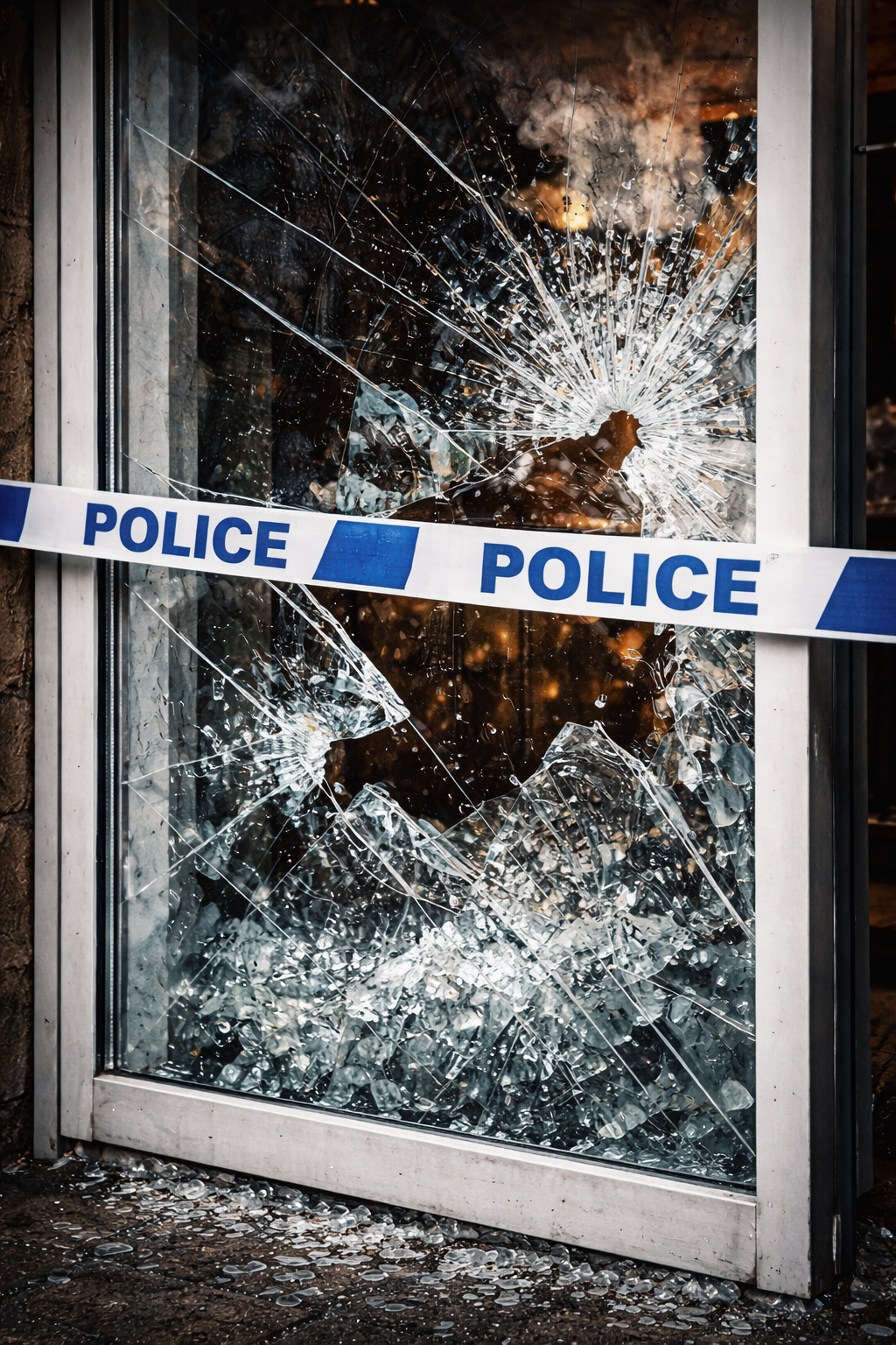 Close-up of a shattered shopfront window with large cracks and broken glass fragments on the ground, sealed off with blue and white police tape stretched across the frame.