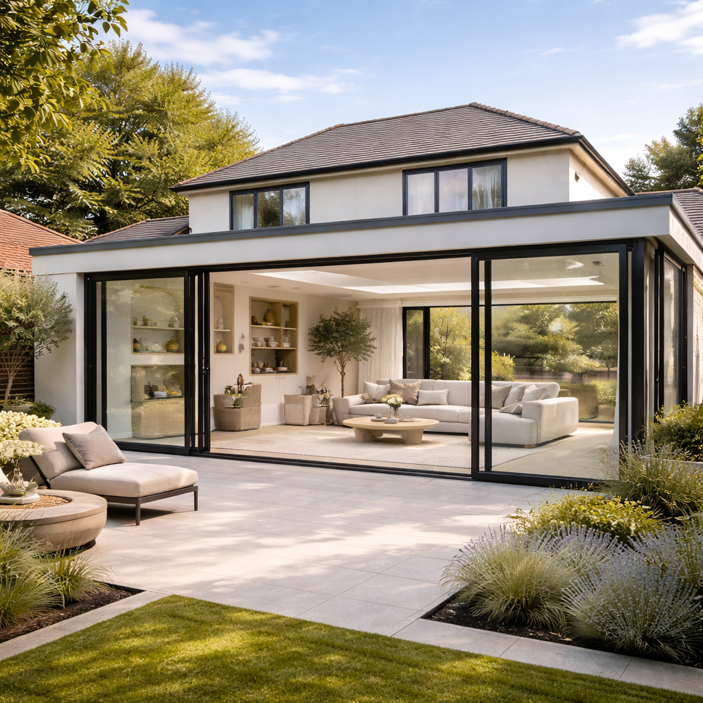 A modern house with a glass-enclosed patio connecting indoor and outdoor living space, featuring a large gray sectional sofa, coffee table, and outdoor lounge chairs, surrounded by landscaped garden and trees.