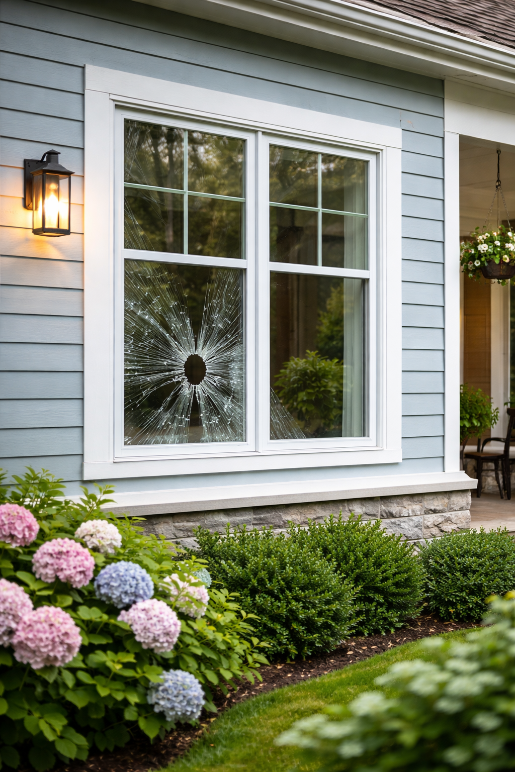 A house with a window that has a bullet hole in the glass, creating a spiderweb pattern of cracks. The house has blue siding, a lit exterior light, and a garden with pink and purple hydrangeas in front.