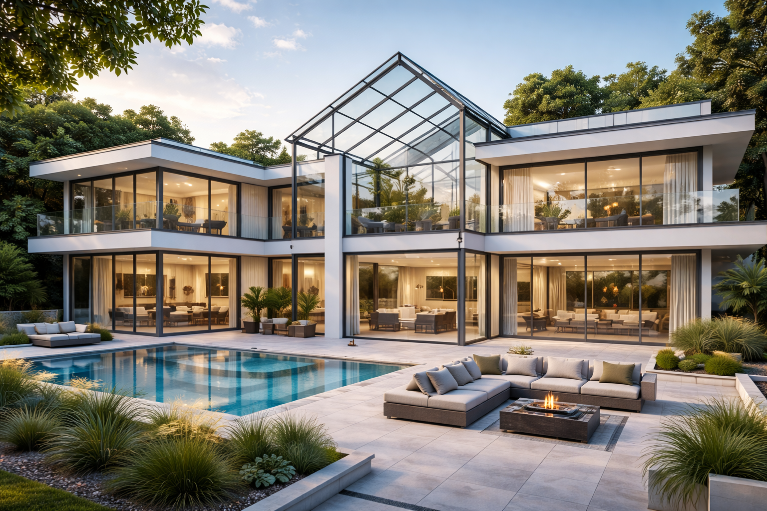 Modern two-story house with glass walls and outdoor patio, swimming pool, and firepit, surrounded by greenery