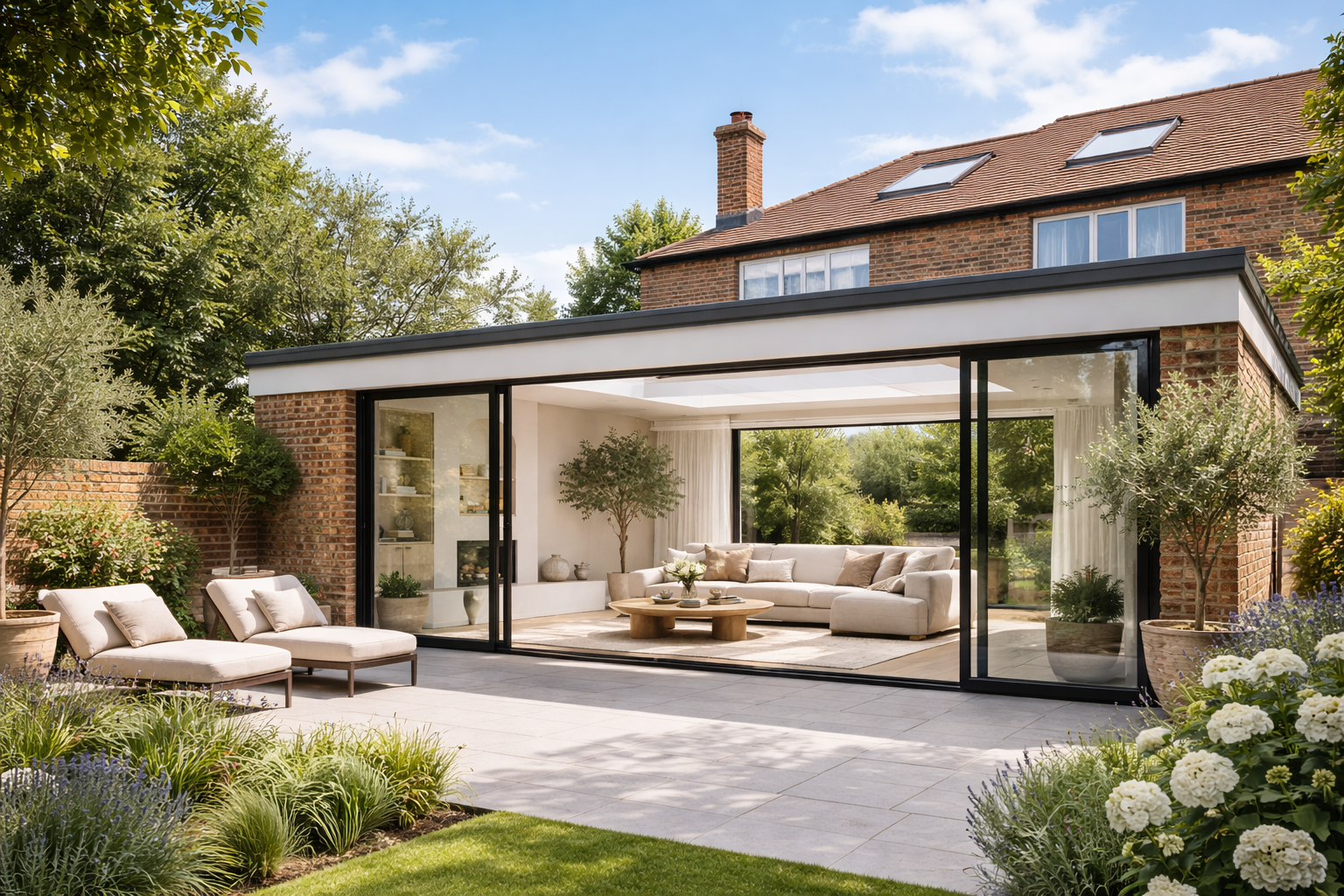 Outdoor patio leading to a modern glass-enclosed living space with a beige sectional sofa, potted plants, and trees, surrounded by lush garden greenery.