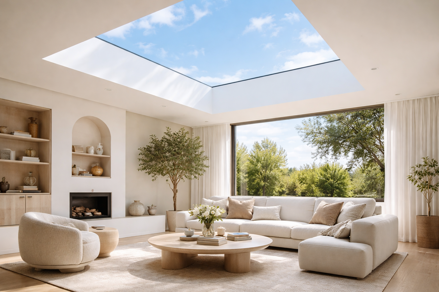 Bright living room with a large white sectional sofa, round coffee table with books and flowers, potted trees, built-in shelves, and a large skylight showing blue sky and clouds.