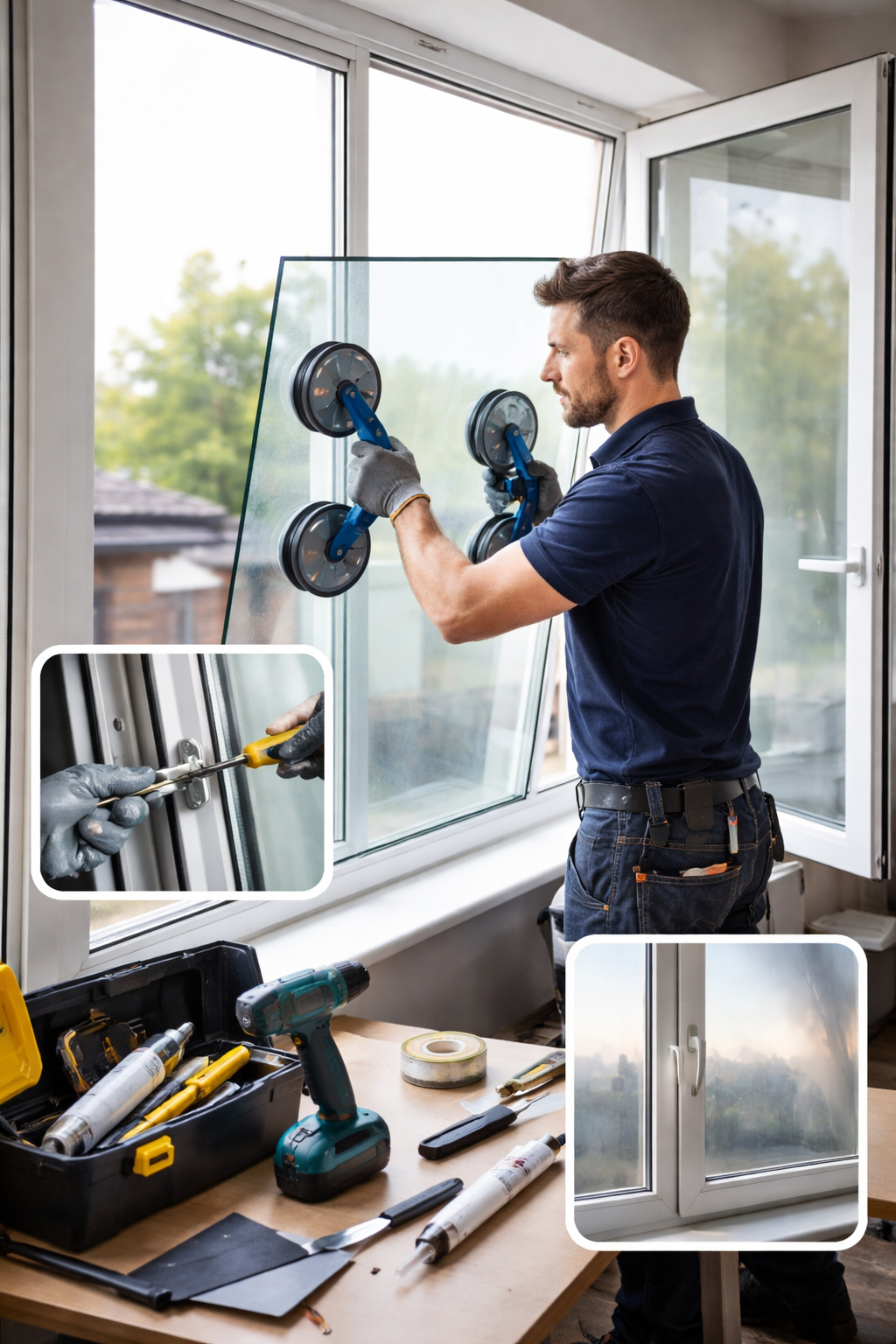 Professional glazier repairing a double-glazed window using suction lifters, with tools on a workbench, adjusting window hinges and fixing misted glass in a residential property.