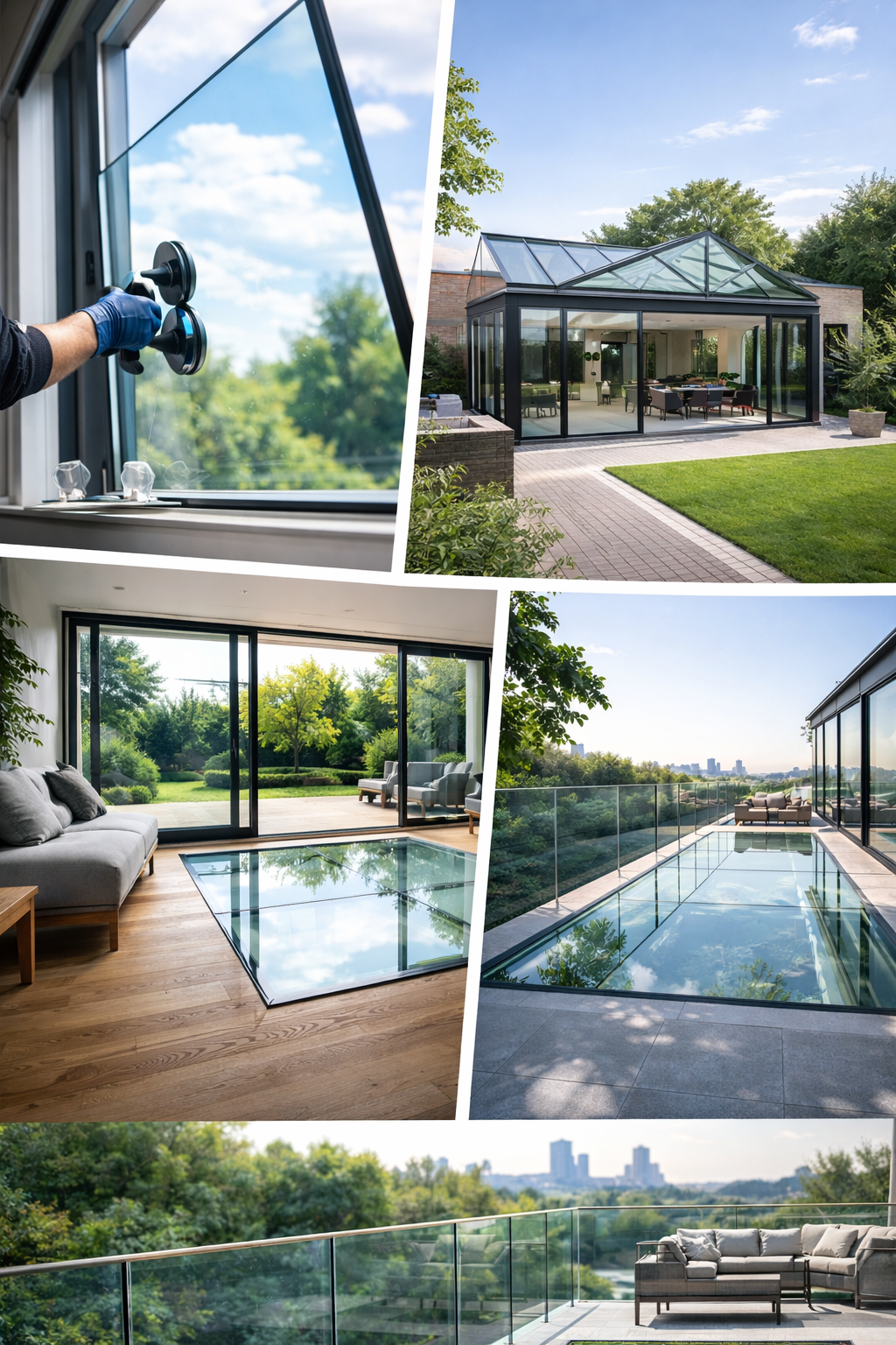 Professional glazing solutions including window glass replacement, modern glass roof extension, walk-on glass floor installation, and frameless glass balcony system in a contemporary UK property.