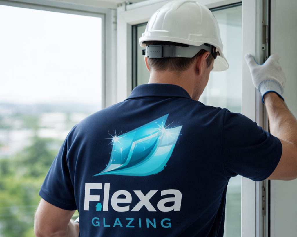 A worker wearing a white safety helmet, work gloves, and a navy blue shirt with the "Flexa Glazing" logo, installing or inspecting a window in a building.