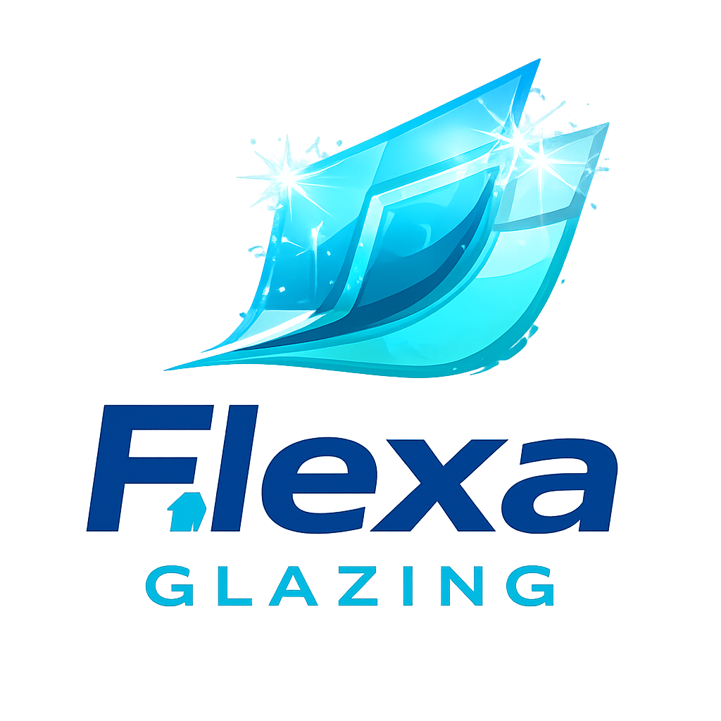 A blue and white logo for 'Flexa Glazing,' featuring stylized glass shards and sparkles above the text.