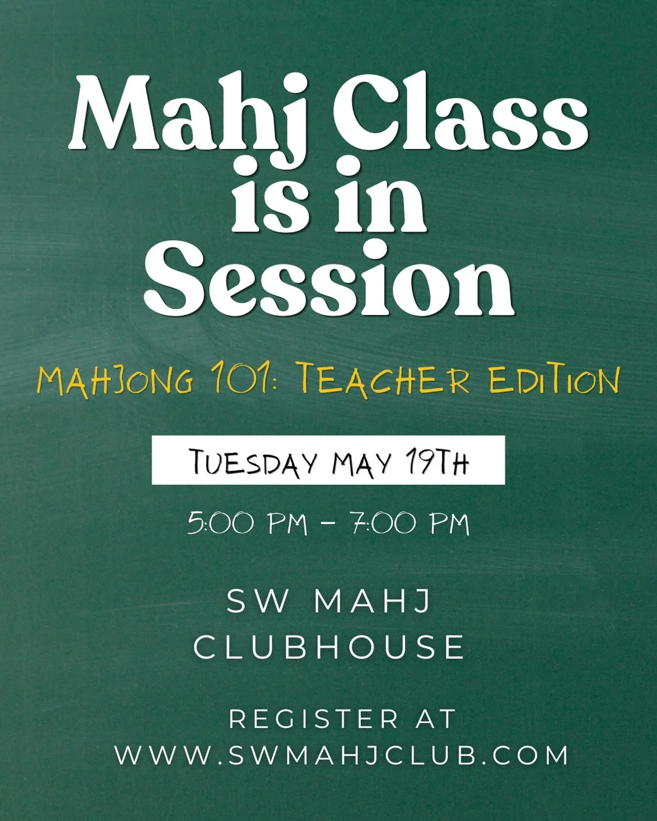 Teachers deserve a little shuffle &amp; unwind too 🍎
Join us for a special Mahj 101 just for educators&mdash;because after all you do, it&rsquo;s your turn to learn something fun.

No experience needed, just bring yourself and let us teach you the m