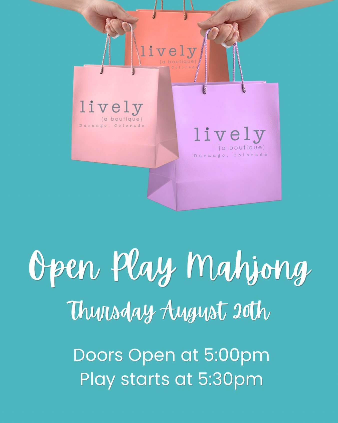 ✨ Retail therapy + mahj magic = the perfect combo! ✨

Join us at Lively @livelydurango on August 20th for an evening of shopping, laughter, and mahjong! 🛍️🀄

Grab your favorite people, treat yourself to something cute, then pull up a chair at the m