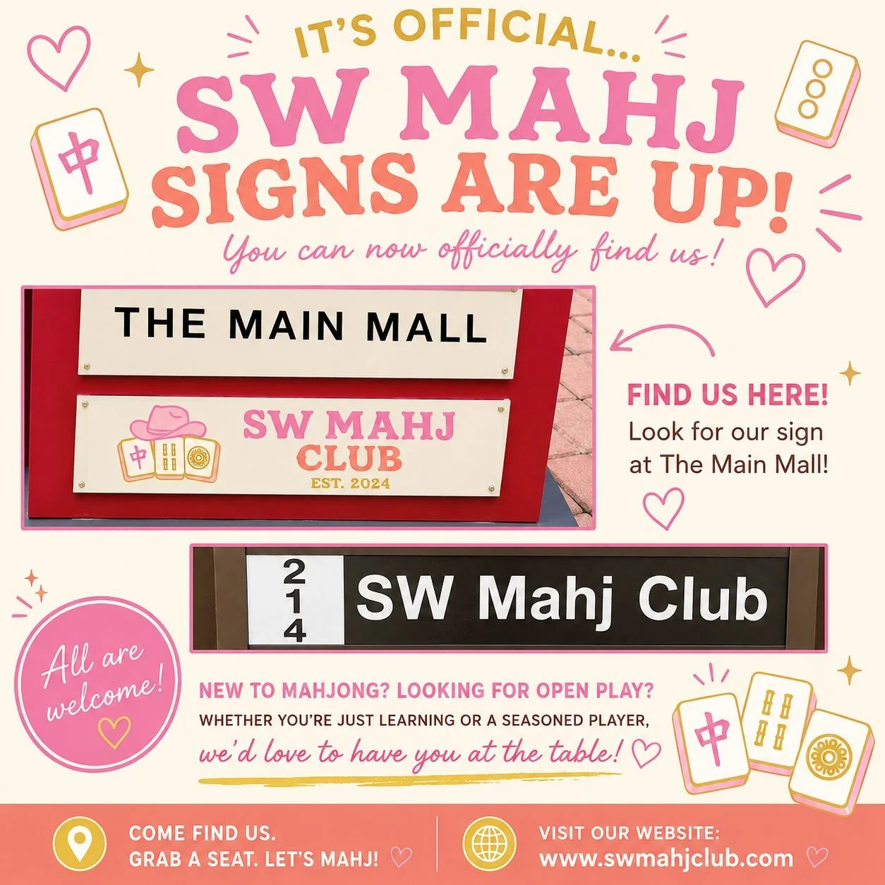 IT&rsquo;S OFFICIAL&hellip; SW MAHJ CLUB SIGNS ARE UP! 🎉🀄💖

You can now officially find us by following the signs! 

Whether you&rsquo;re brand new to Mahjong, looking for open play, or ready to sharpen your game, we&rsquo;d love to have you at th