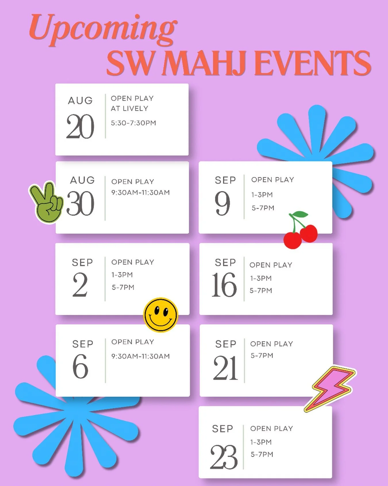 More Mahj, please! ✨ We&rsquo;ve added NEW Open Play dates to the calendar, so grab your favorite mahj crew (or come make new friends) and claim your spot before they fill up! 🀄️

Register by visiting our website www.swmahjclub.com or following the 