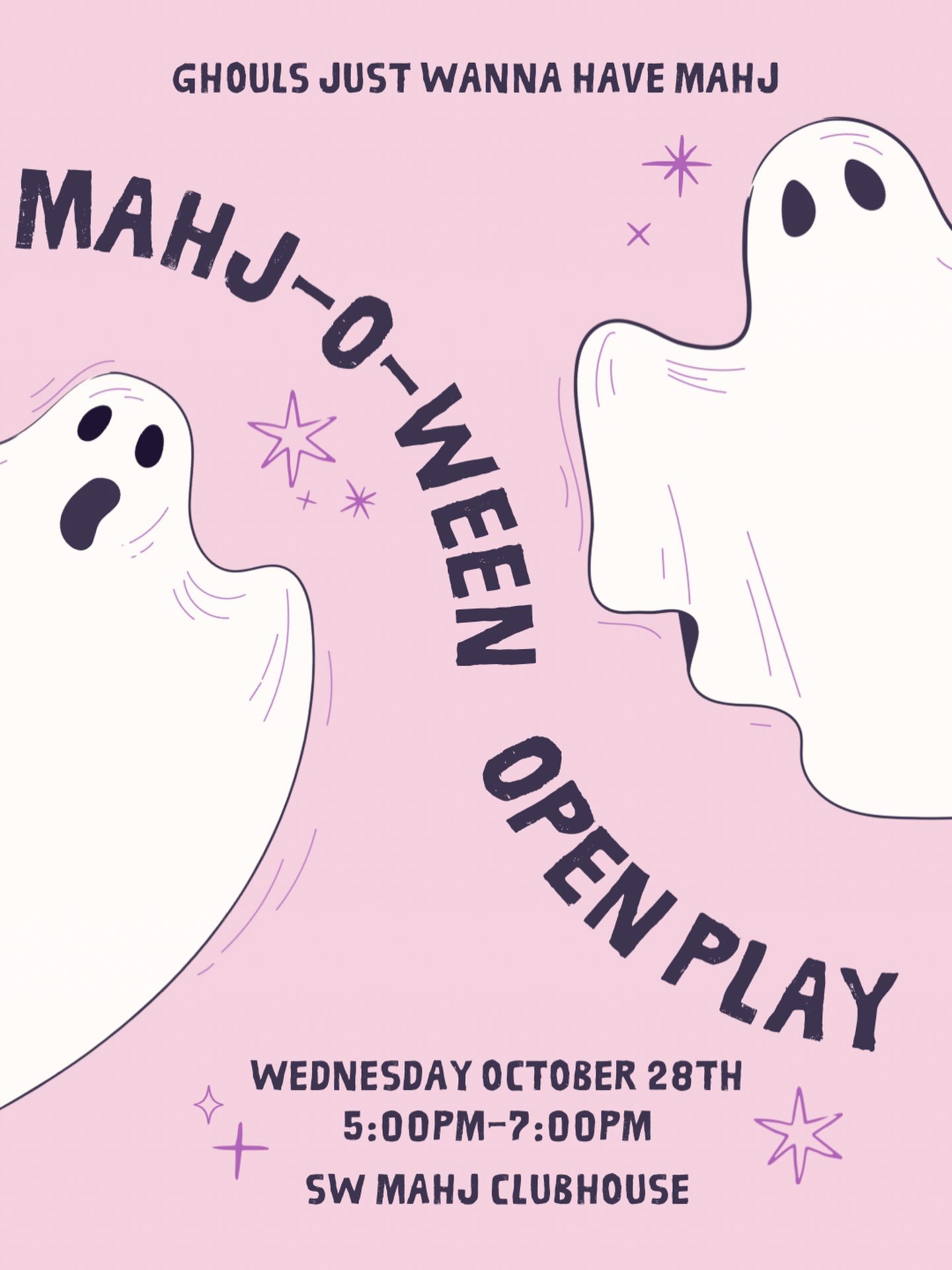 🎃👻 Witches love Mahjong. Join us for MAHJ-O-WEEN

Grab your ghouls and get ready for a spooky little night of tiles, treats &amp; maybe a few tricks. 💅🏼

👻 Wednesday, October 28th
🀄️ 5&ndash;7 PM
🎃 $10
🍬 Snacks provided
🥂 Alcohol available f