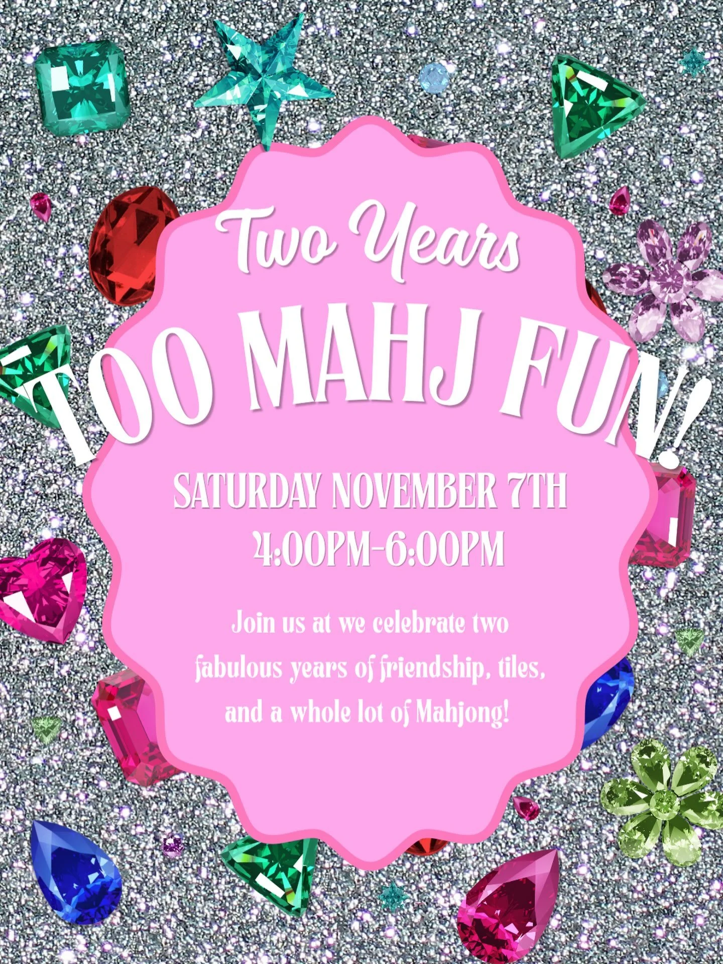 SW Mahj Club is turning TWO! 🥂

Join us for Two Years, Too Mahj Fun as we celebrate two fabulous years of tiles, friendships, and a whole lot of Mahj! Come play, sip, snack &amp; celebrate with us.

Register by following the link on our website

Che