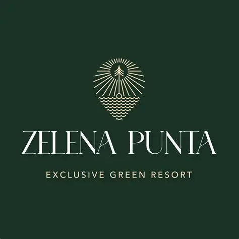 Zelena Punta logo with a tree, sun, and water design on a dark green background, and text that reads "Zelena Punta Exclusive Green Resort."