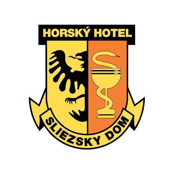 A shield-shaped emblem with a black and yellow background. The left side features a black eagle's head on a yellow field. The right side has a yellow snake wrapped around a chalice on an orange field. Above, it reads "Horský Hotel" and below, a banner says "Sliezsky Dom."
