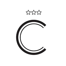 A large letter 'C' with three outlined stars above it, and a partial concentric circle design.