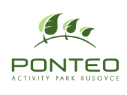 Logo of Ponteo, a recreational activity park in Rusovce, featuring green letters and leaf graphics.