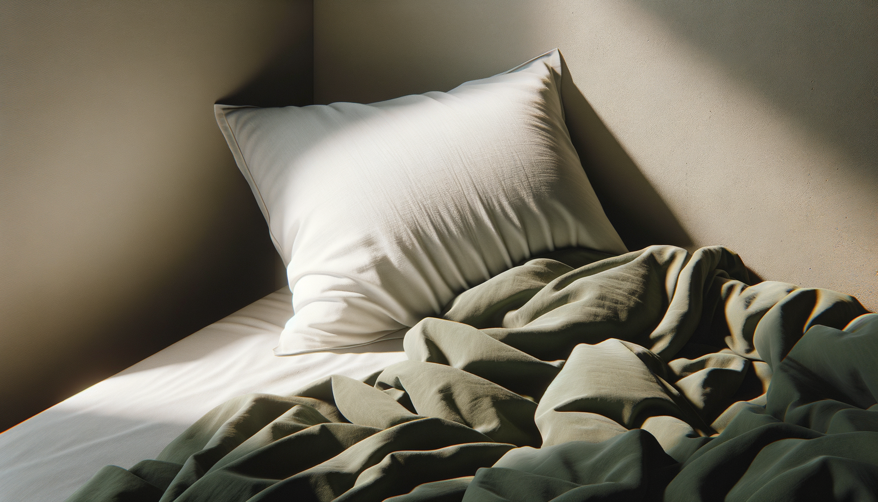 Unmade bed with white pillow and disheveled beige blanket on a simple bed in natural sunlight.