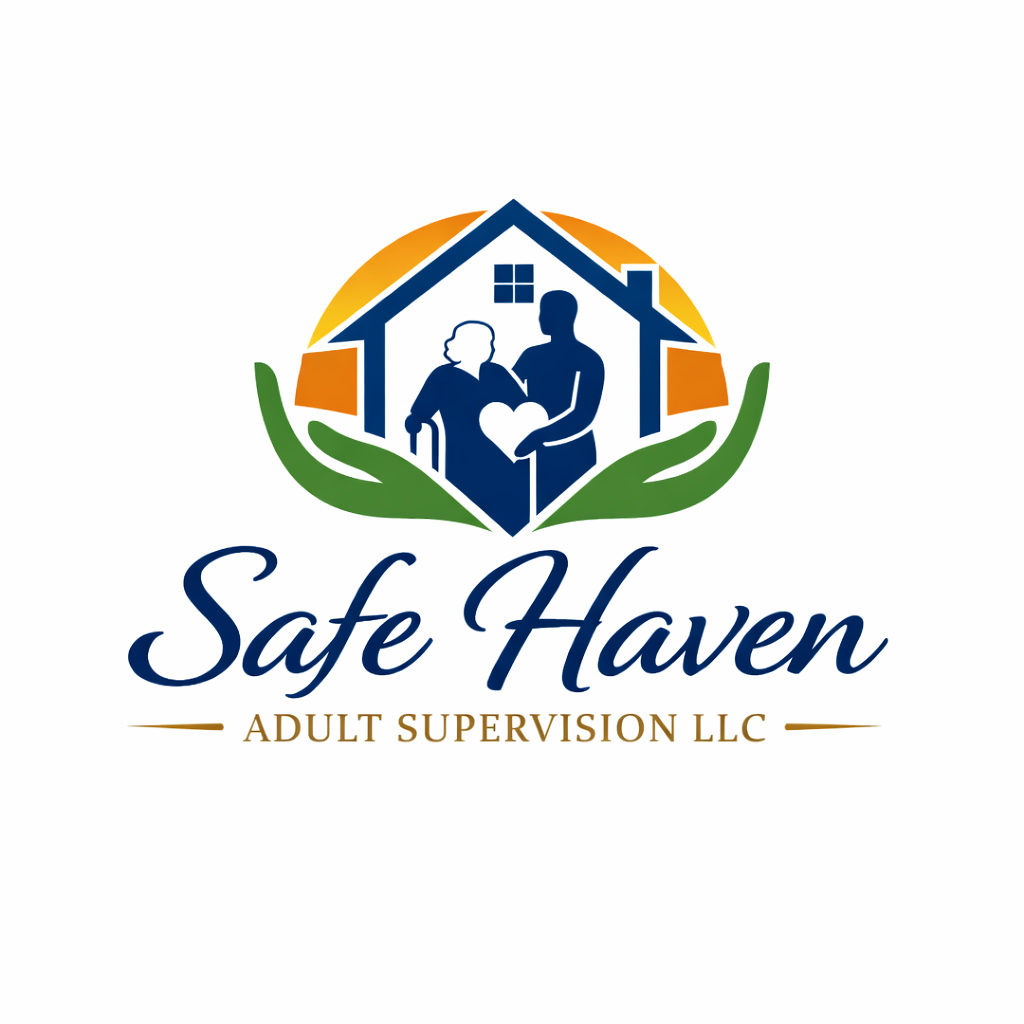 Logo for Safe Haven Adult Supervision LLC featuring a house, two people holding a heart, and green leaves.