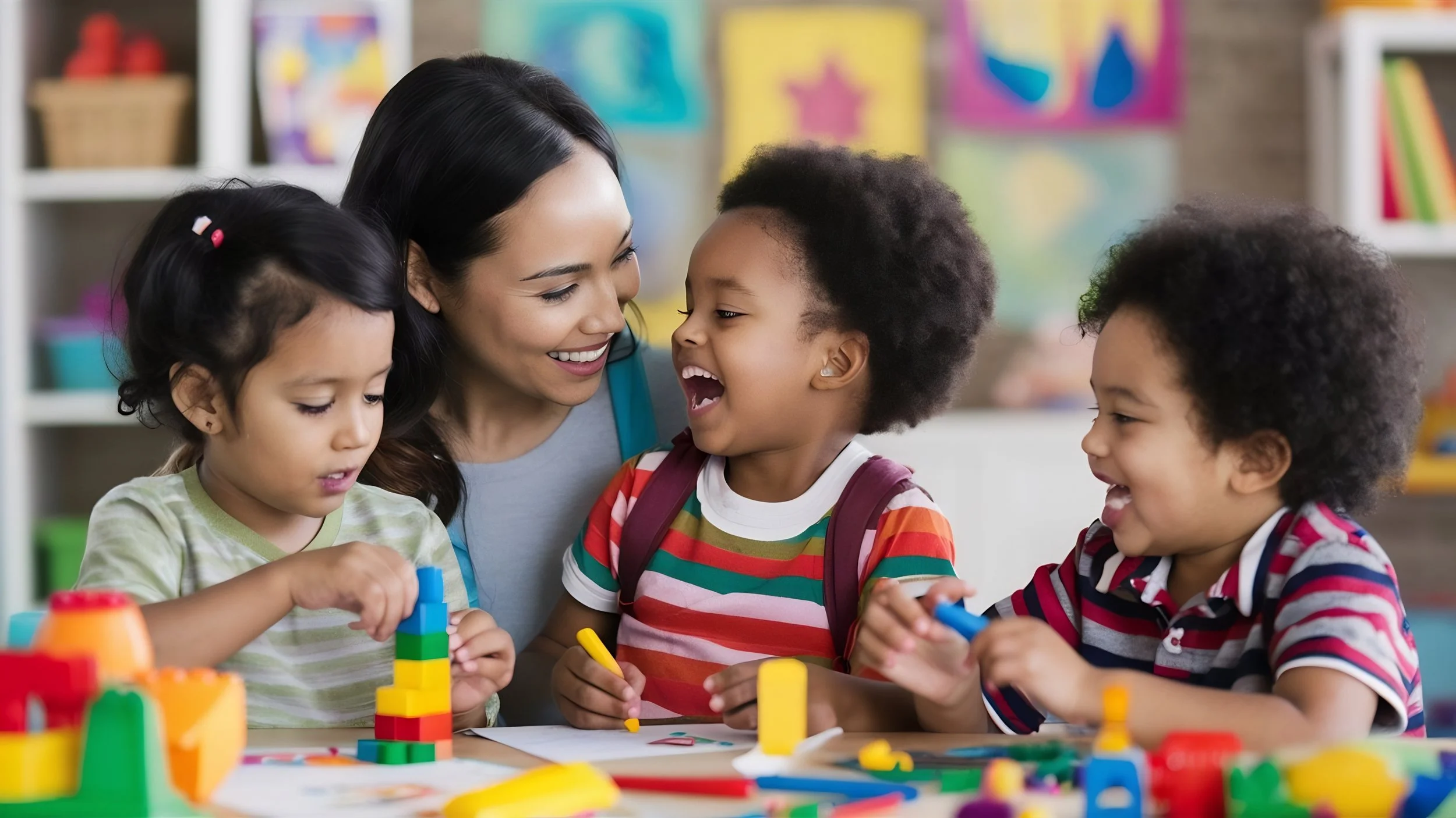 A teacher and three young children playing with colorful building blocks in a classroom.