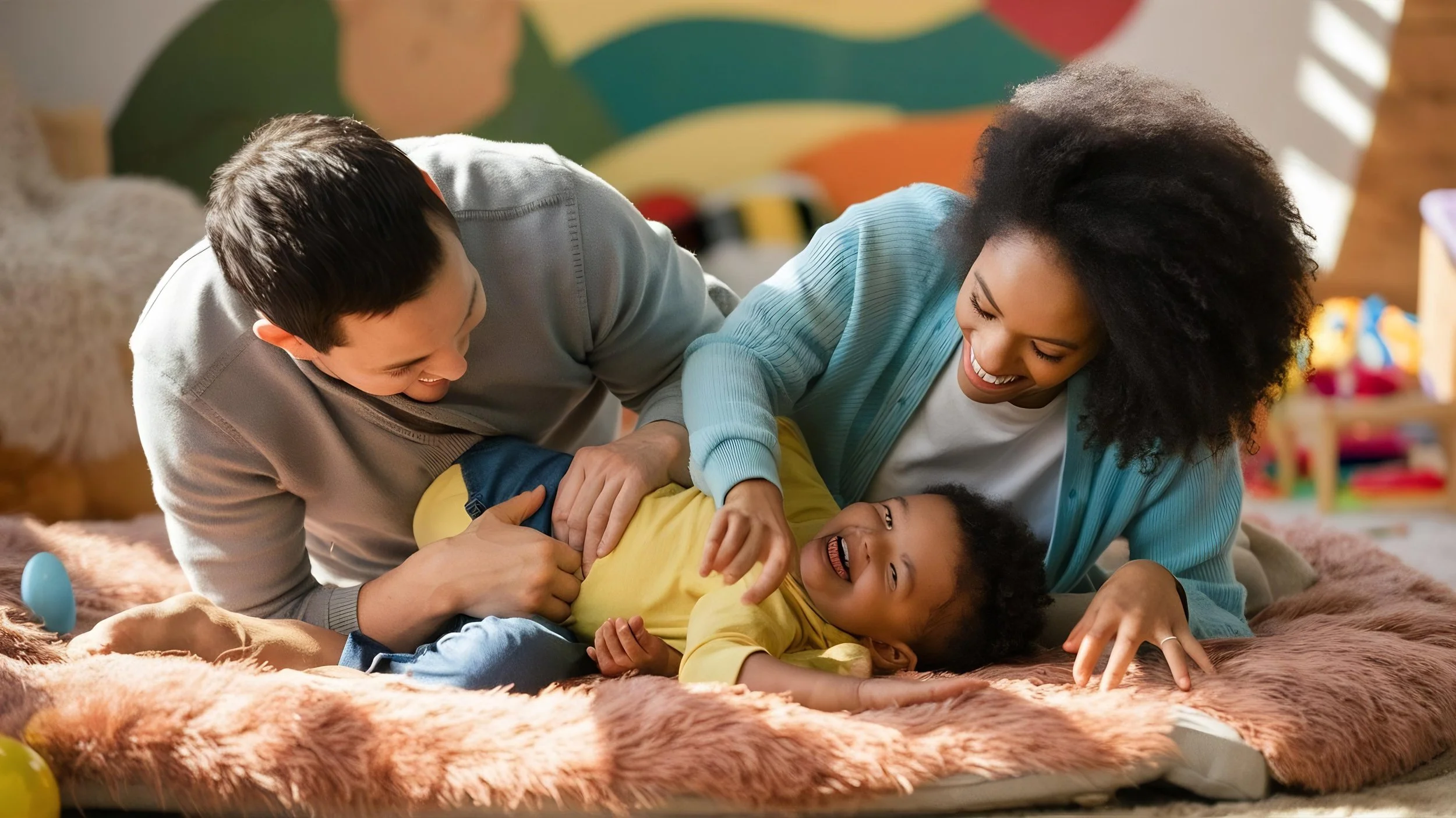 A happy family of two adults and a child laughing and playing on a bed with a fluffy pink blanket in a cozy, well-lit room.