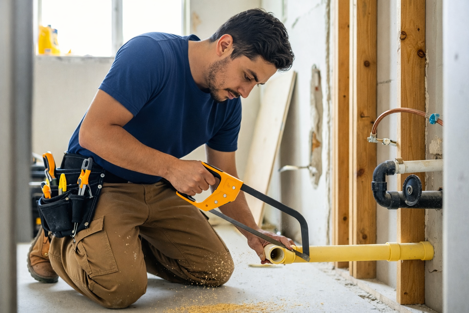 A man using a hand saw to cut a yellow pipe in a construction area with exposed pipes and wooden studs.