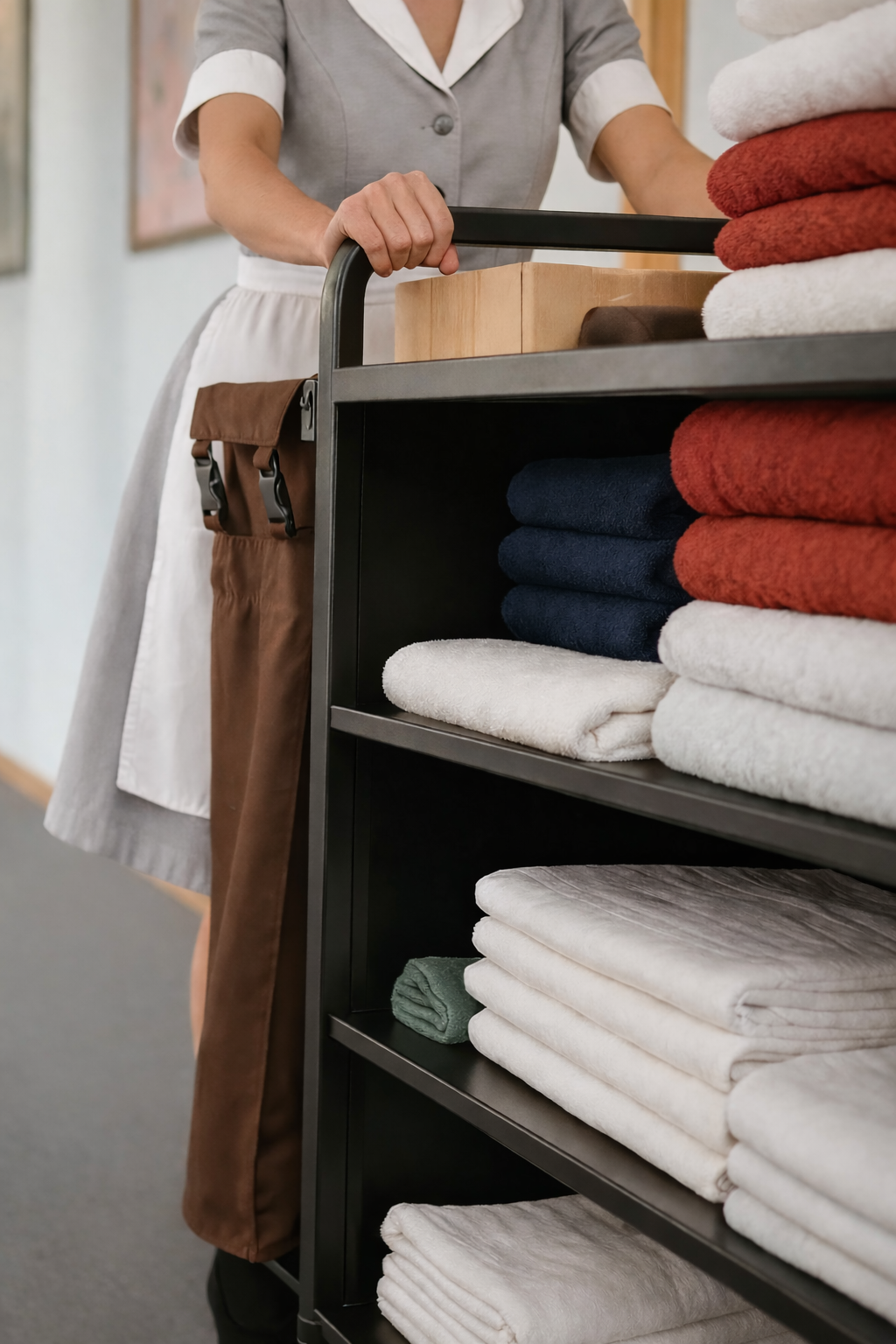 Person pushing a cart with folded towels and blankets in a store.