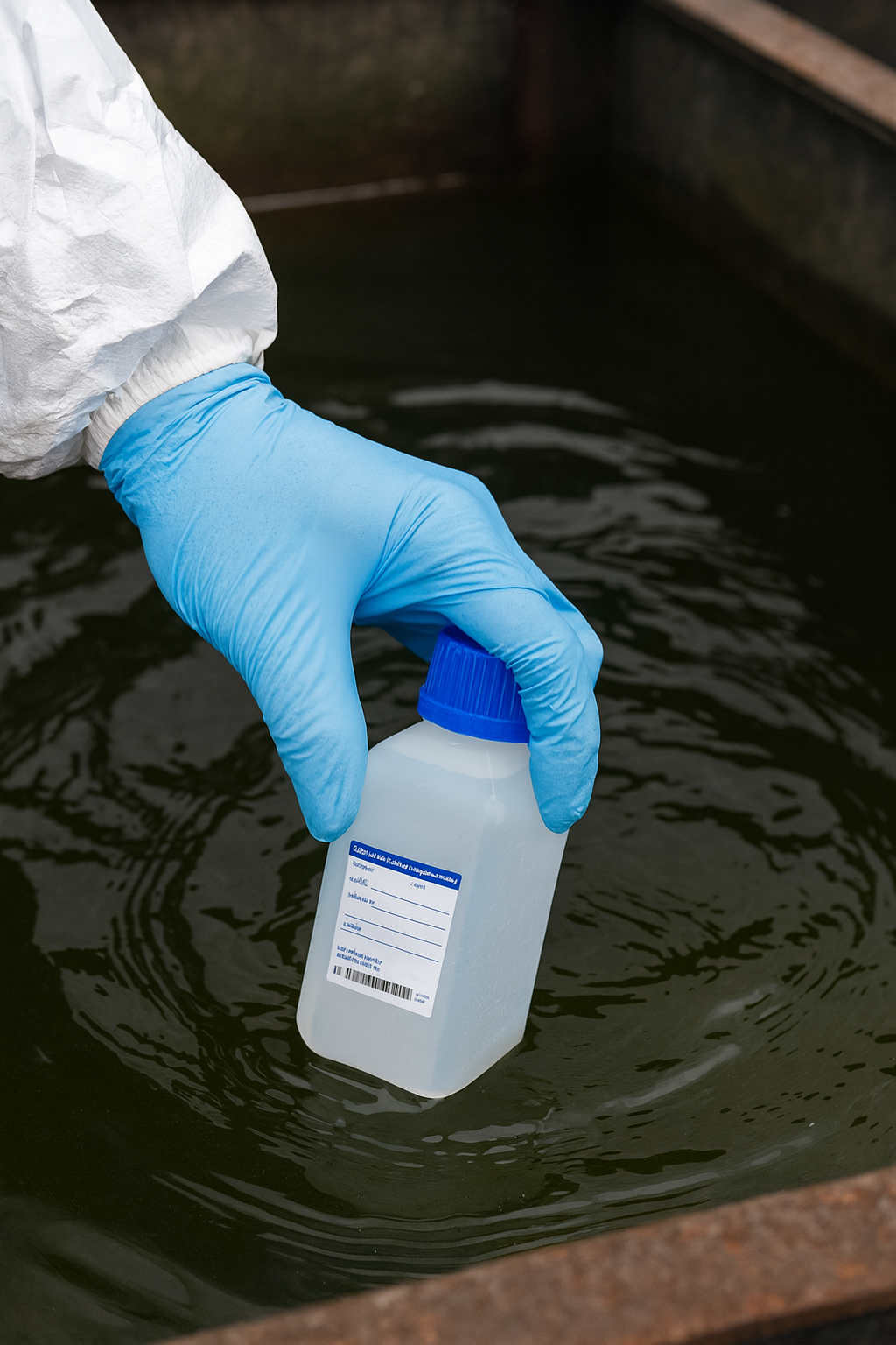 Person wearing a white protective suit and blue gloves holding a white plastic container with a blue lid near water.