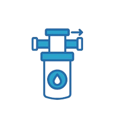 Diagram of a water filtration system with a water drop icon, connected to a rectangular container.