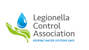 Logo of the Legionella Control Association with a water droplet and green hand, and the slogan 'Keeping Water Systems Safe'