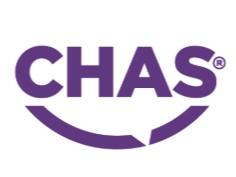 CHAS logo in purple text with a curved underline.
