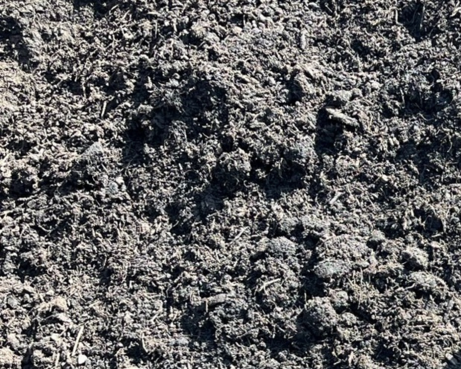 Close-up of dark, freshly tilled soil with small clumps and particles.