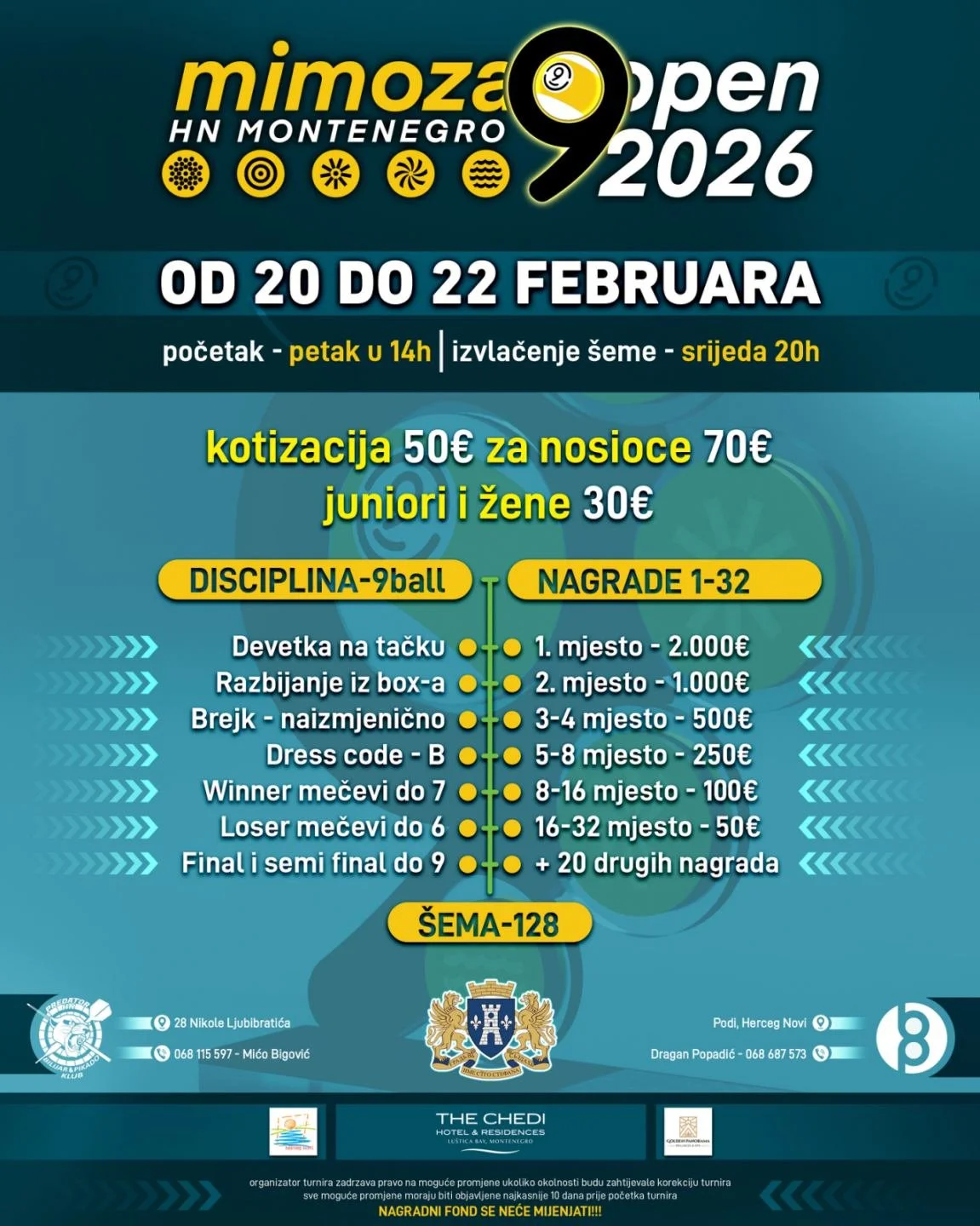 Herceg Novi domaćin međunarodnog turnira u bilijaru "MimoZa Open 2026"