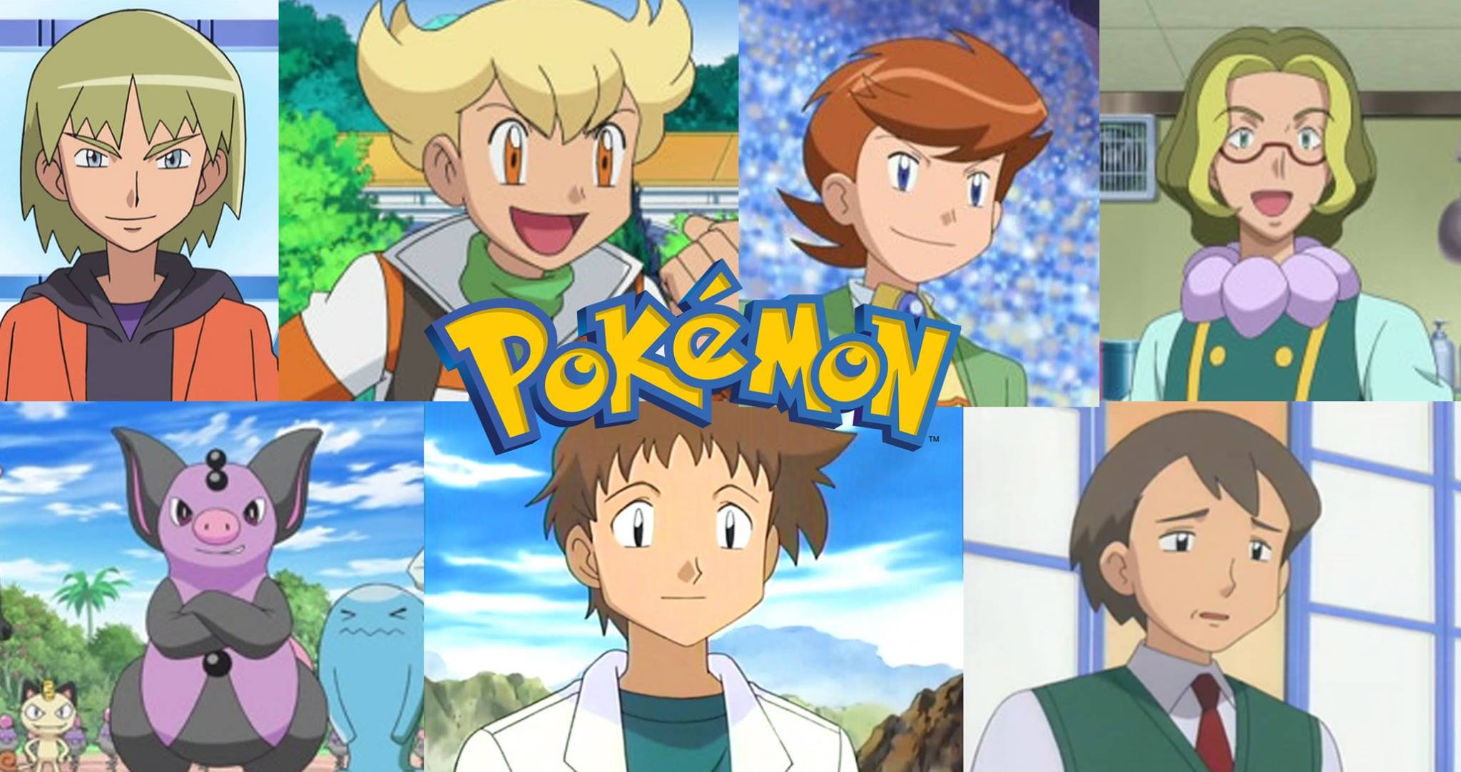 Collage of characters from the Pokémon animated series, including trainers and Pokémon, with a prominent Pokémon logo in the center.