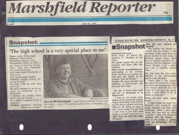 A 1993 newspaper titled "Marshfield Reporter" with a headline "Snapshot." The article features Jamie McGonnigal, describing his dreams and memories, and includes a black-and-white photo of a smiling boy.