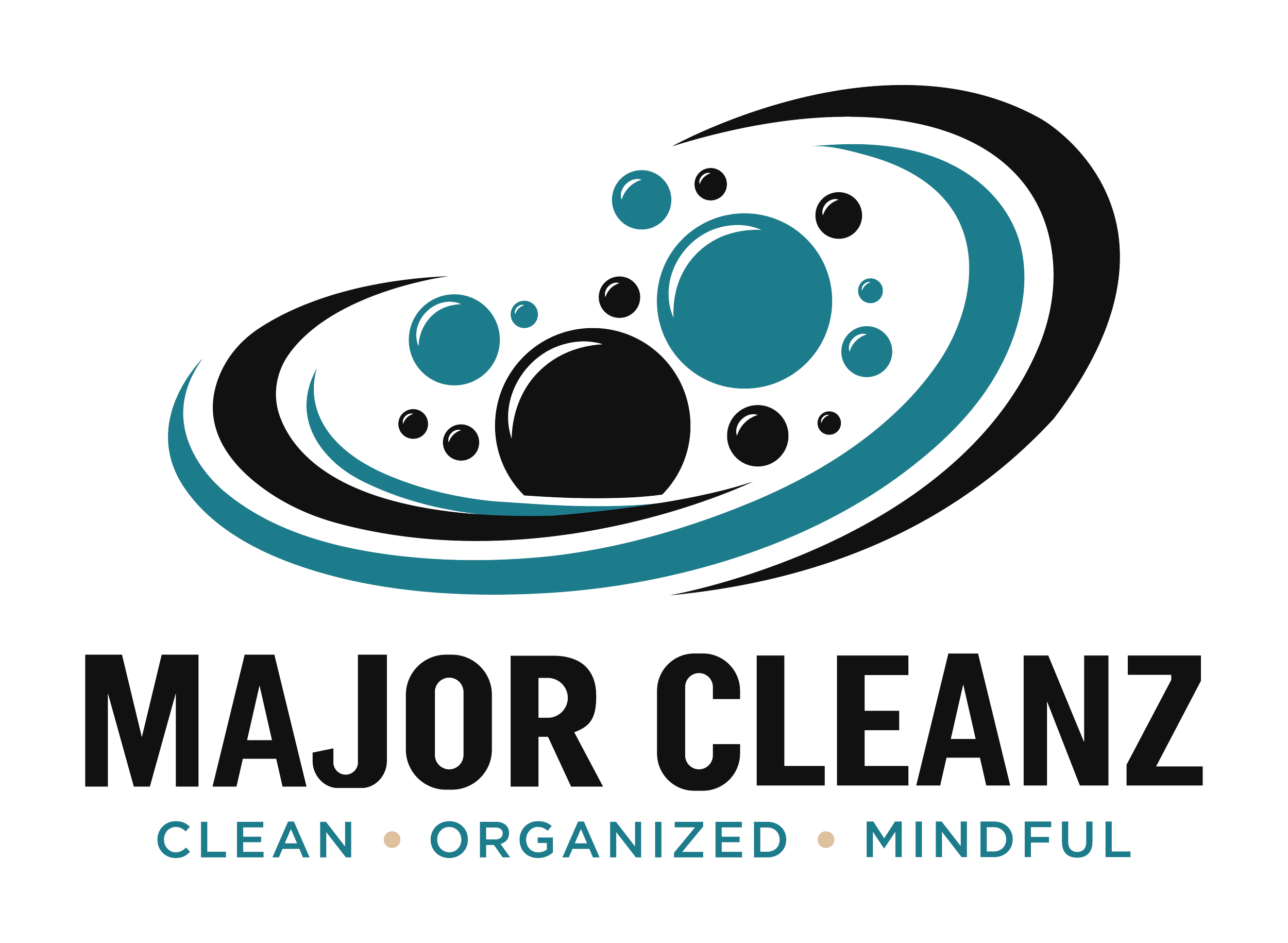Logo for Major Cleanz featuring a stylized illustration of a washing machine with bubbles and the words 'Major Cleanz' and the tagline 'Clean, Organized, Mindful'