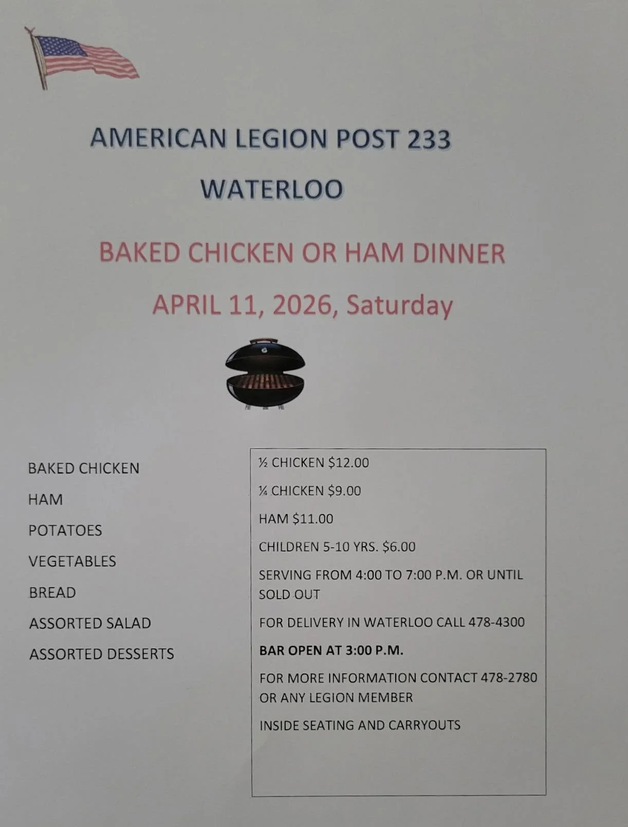 Baked Chicken and Ham Dinner- American Legion