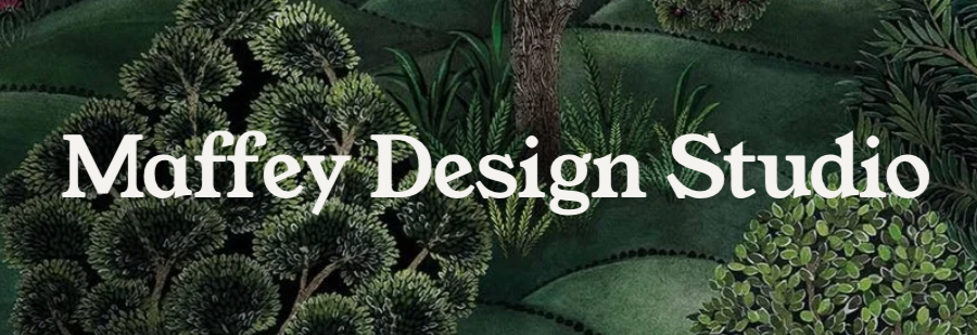 Logo for Maffey Design Studio featuring a tropical nature background with trees and plants.