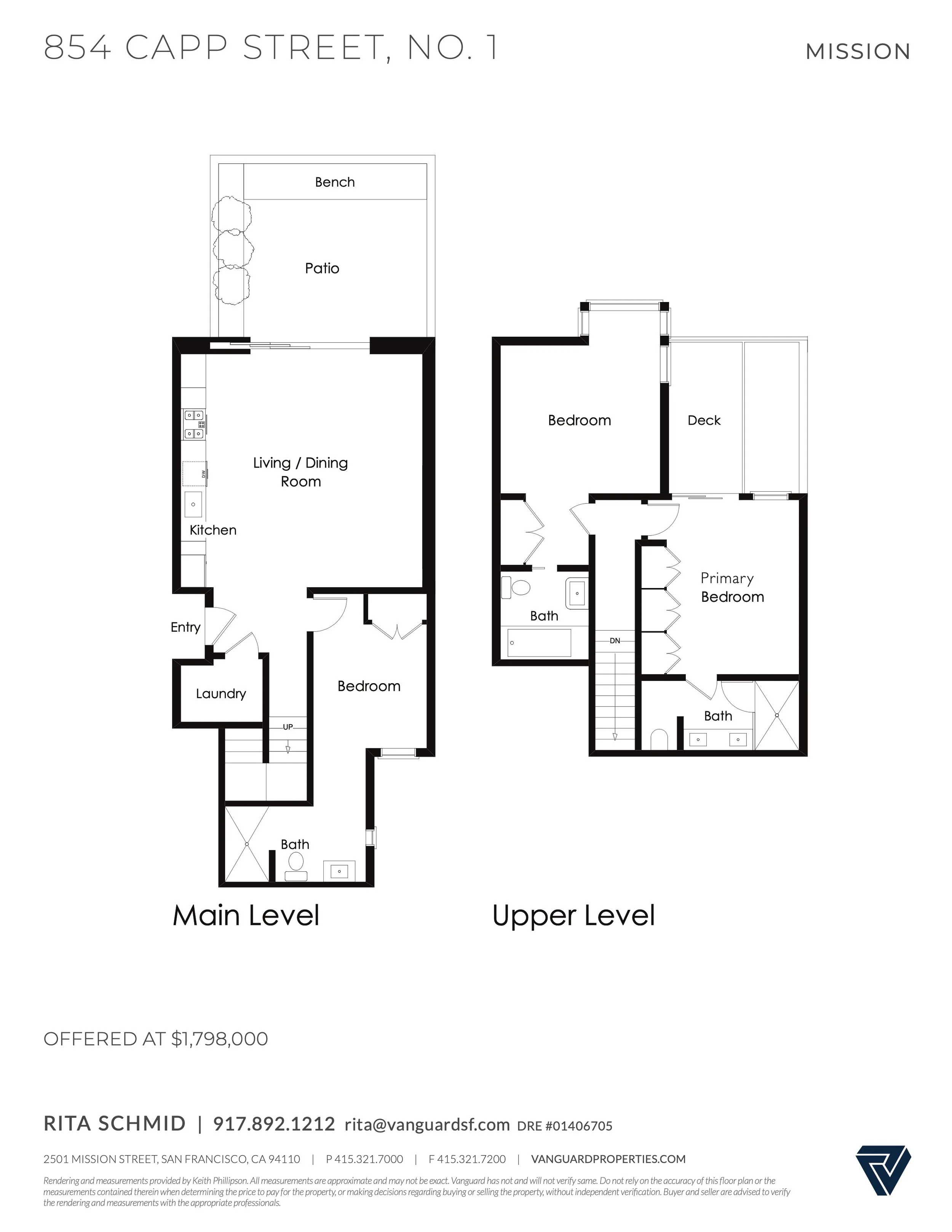 Floor plan of a two-story house at 854 Capp Street, No. 1, featuring main and upper levels, including bedrooms, bathrooms, kitchen, laundry, living/dining room, patio, deck, and porch.