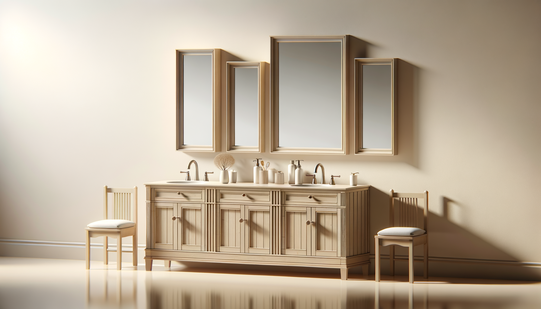 A beige bathroom vanity with two sinks, topped with various white containers and a dried plant, flanked by two chairs and three mirrors on the wall.