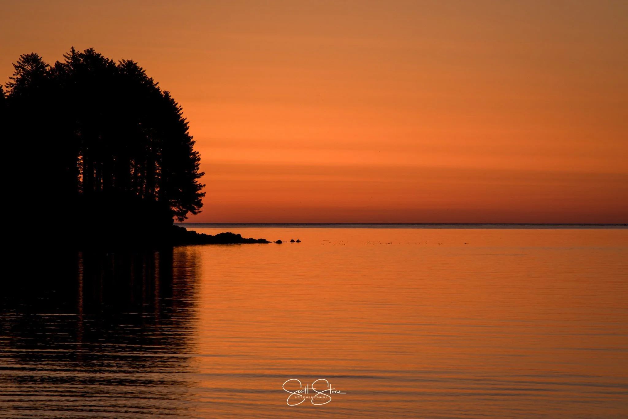 Silhouette of a cluster of trees on a small landmass reflected in calm water during a vibrant orange sunset.