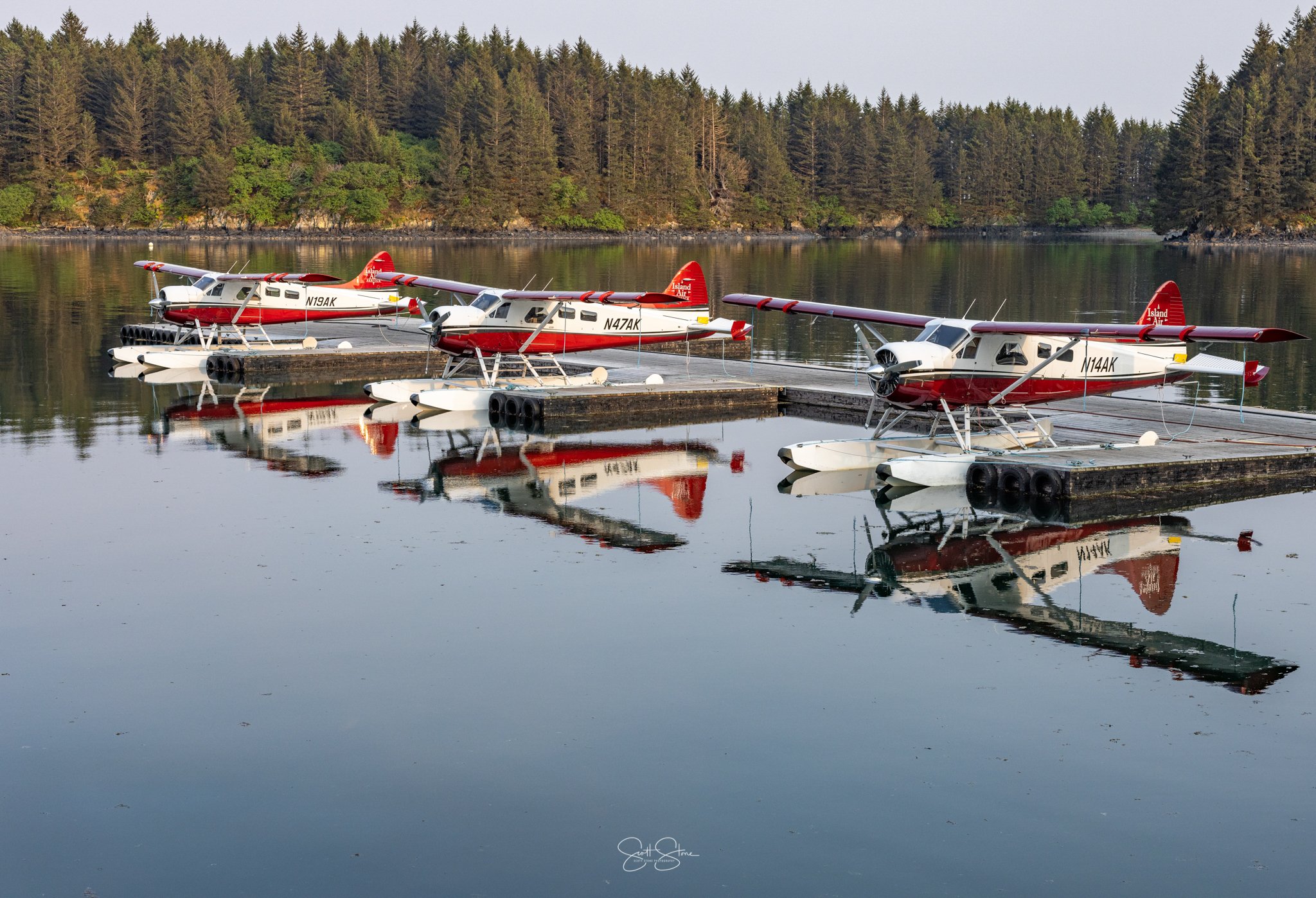 Three floatplanes docked on a calm lake with reflection, surrounded by dense evergreen trees.