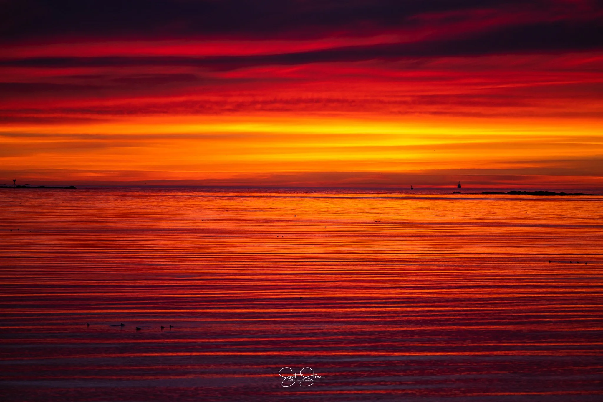 A vibrant sunset over a calm body of water with orange, yellow, and purple streaks in the sky, and small silhouettes of birds and distant ships on the horizon.