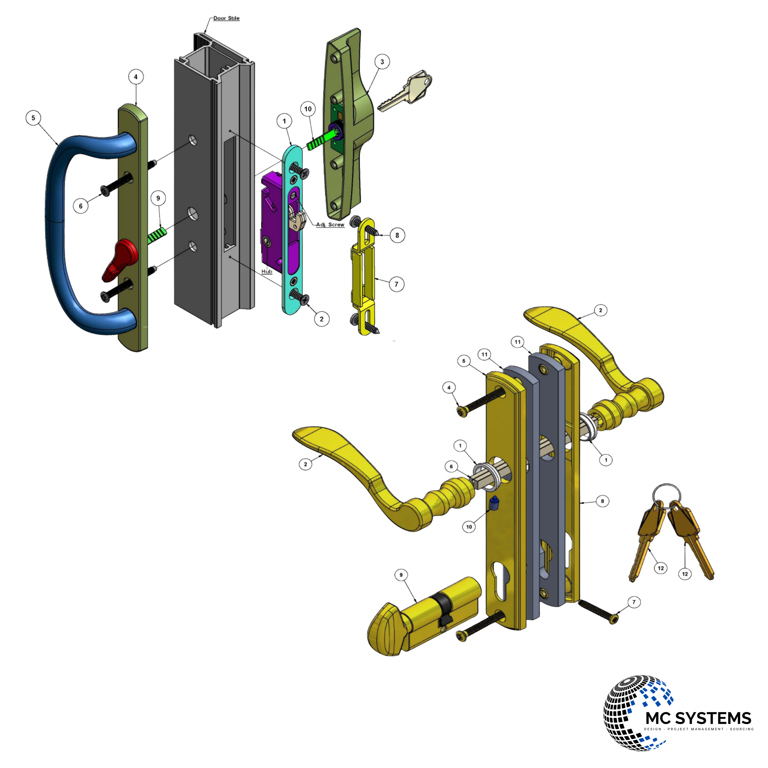An exploded view of a mechanical and structural assembly, showcasing various colorful components including a blue handle, red knob, green and purple brackets, yellow arms, and metallic parts, all organized in a detailed technical illustration.