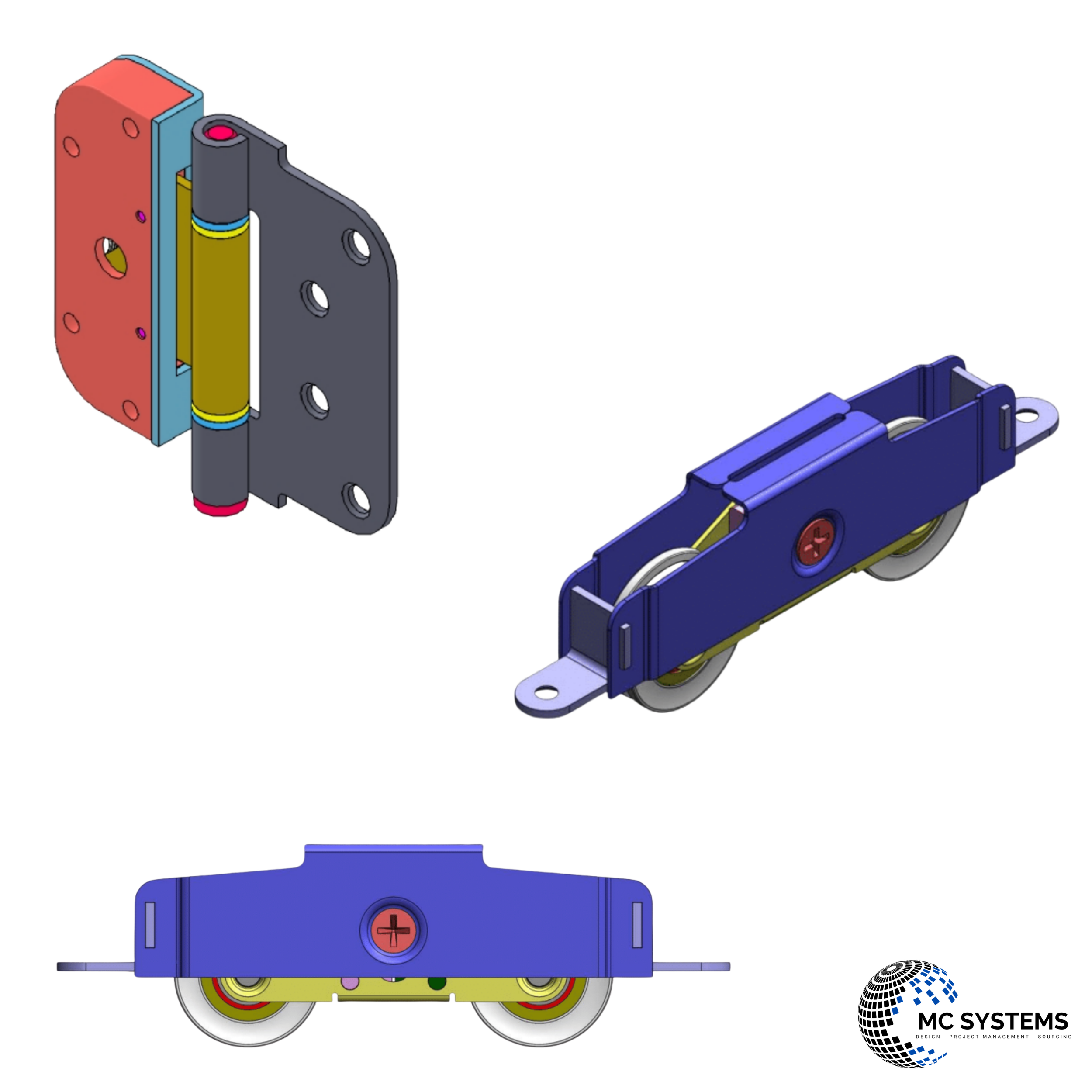 Diagram of a mechanical assembly with wheels, hinges, and colored parts for a technical or engineering purpose.
