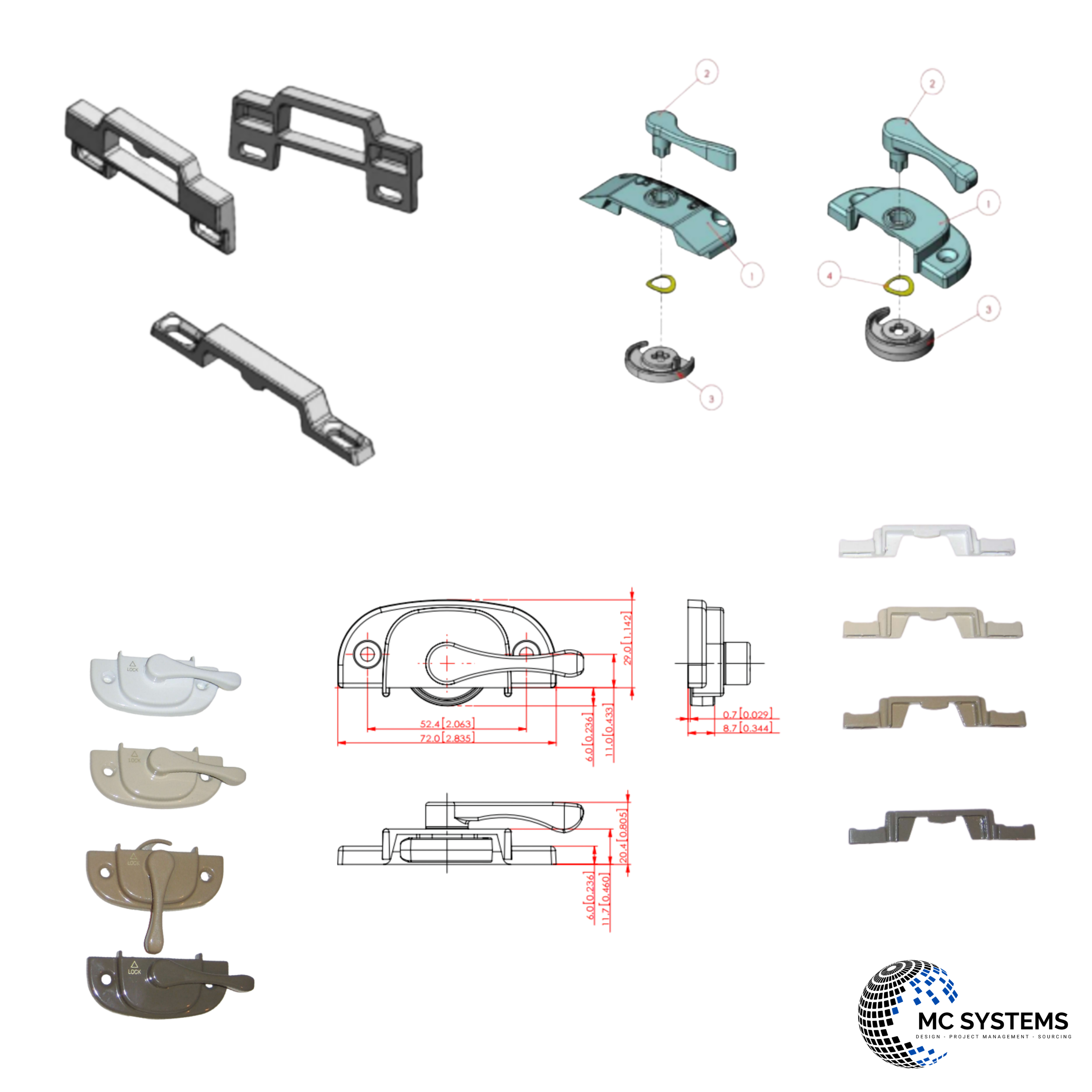Diagram of various vehicle door handle components including internal mechanisms, exterior handles, and locking mechanisms in different colors.