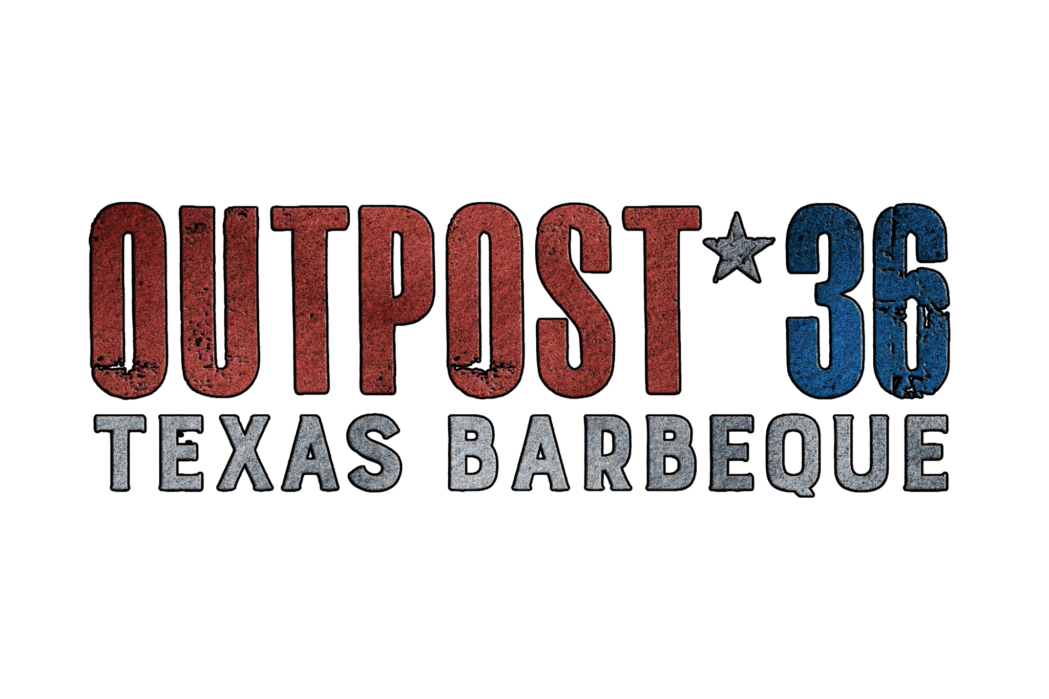 Logo for 'Outdoors Texan,' featuring the words 'Outdoors 36' with a star, and 'Texas Barbecue,' in red, white, and blue, with a weathered, rustic style.
