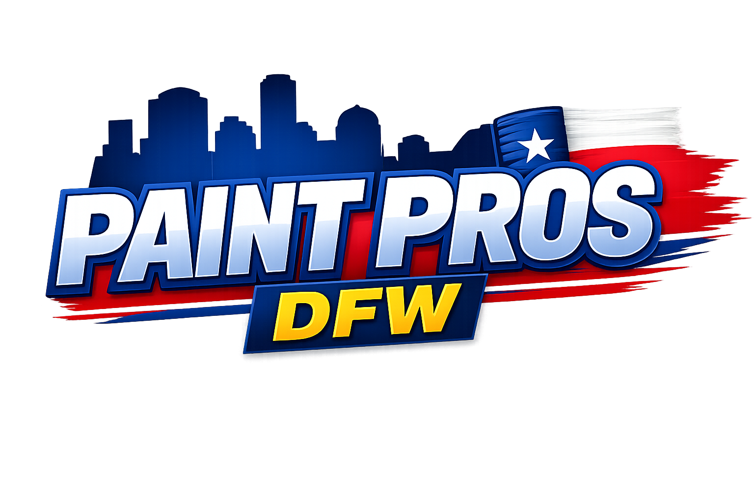 Logo for Paint Pros DFW featuring a city skyline, a Texas flag motif, and bold text.